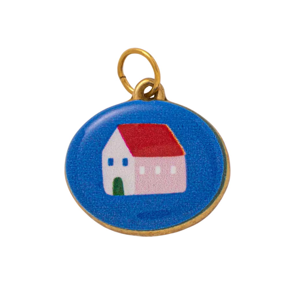 CHARM OVALE BLU CON CASETTA SMALTATA IN ACCIAIO PLACCATO ORO
