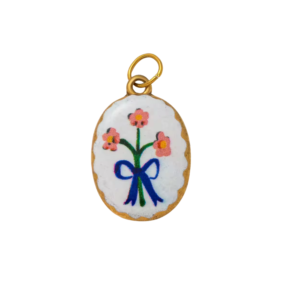 CHARM OVALE MAZZO DI FIORI SMALTATO IN ACCIAIO PLACCATO ORO