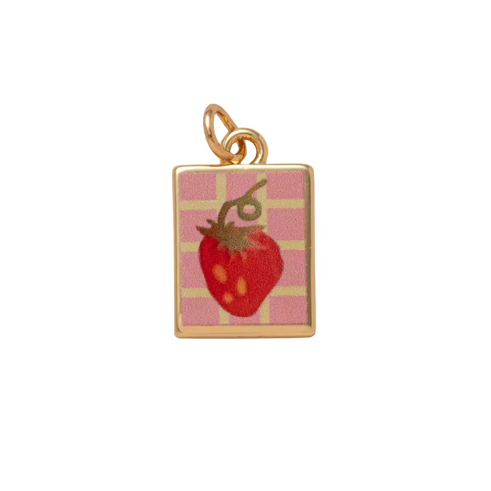 CHARM QUADRATO FRAGOLA SMALTATO IN ACCIAIO PLACCATO ORO