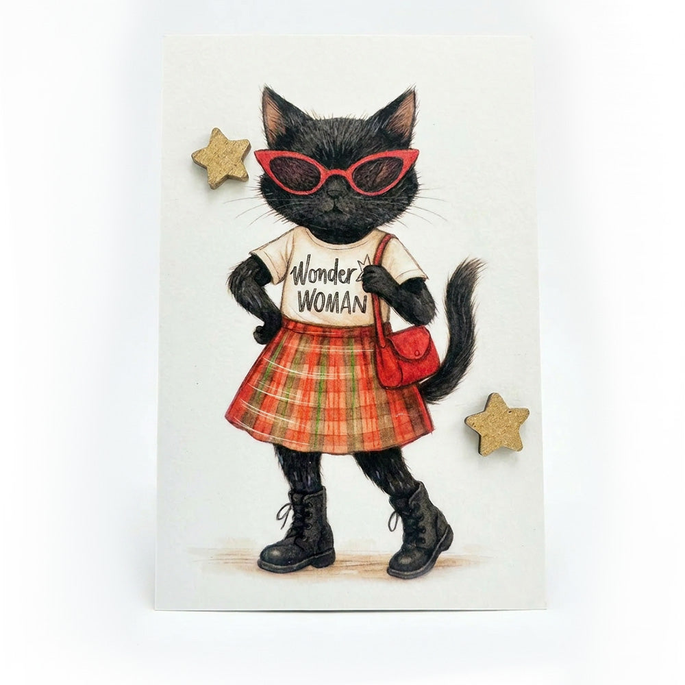 ACQUERELLO SU LEGNO GATTO "WONDER WOMAN"