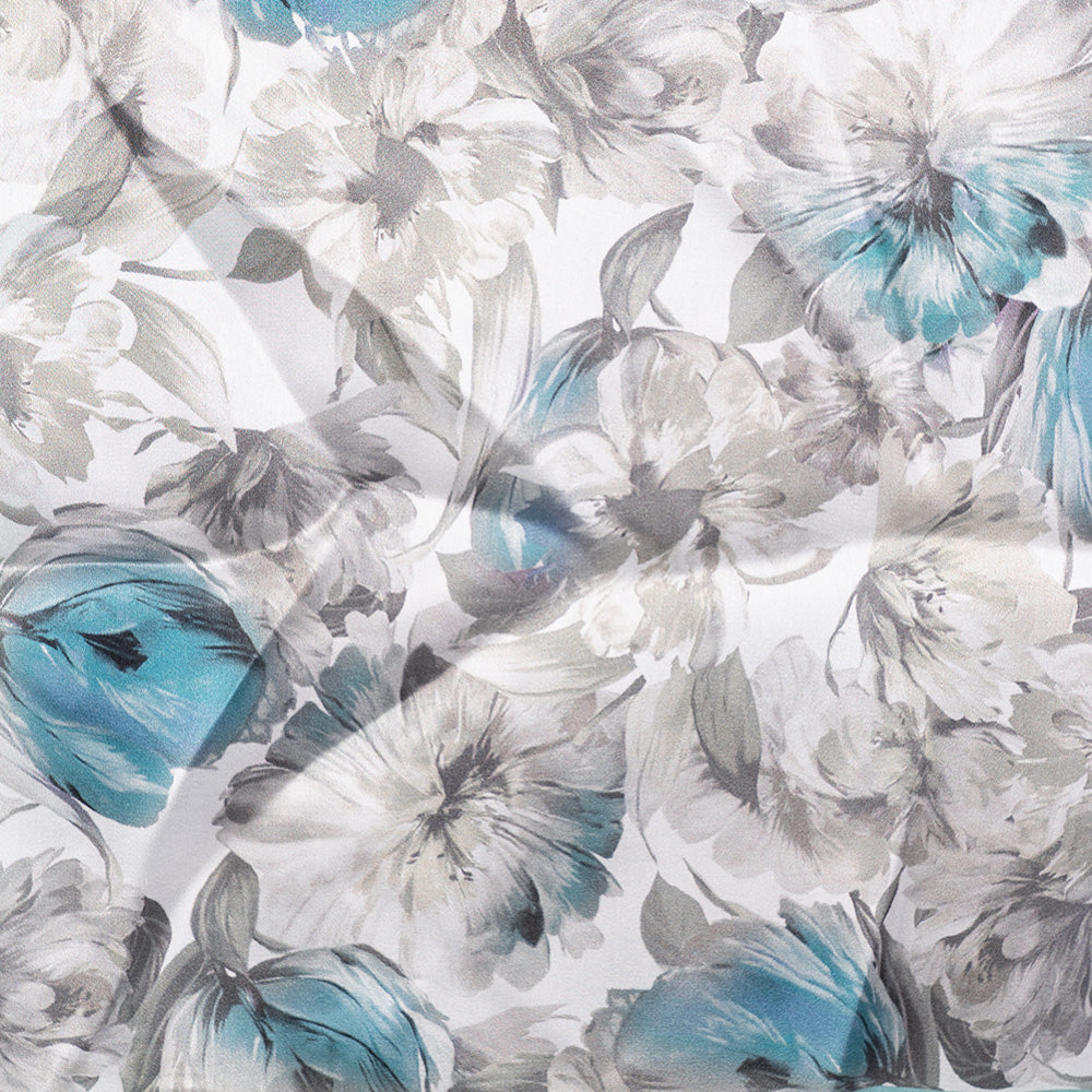 SCIARPA FOULARD DA COLLO IN SETA CON FIORI VERDE ACQUA E GRIGIO