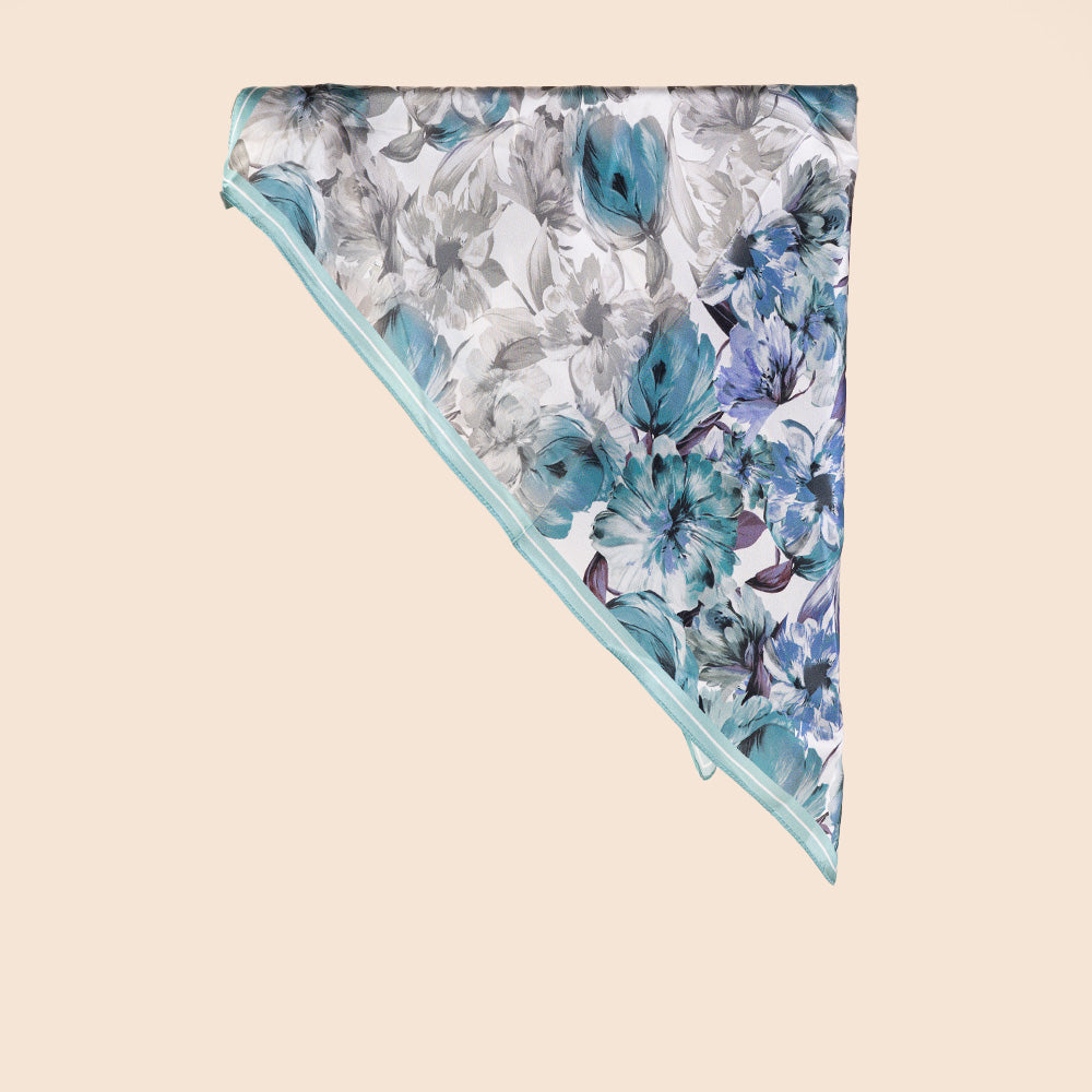 SCIARPA FOULARD DA COLLO IN SETA CON FIORI VERDE ACQUA E GRIGIO
