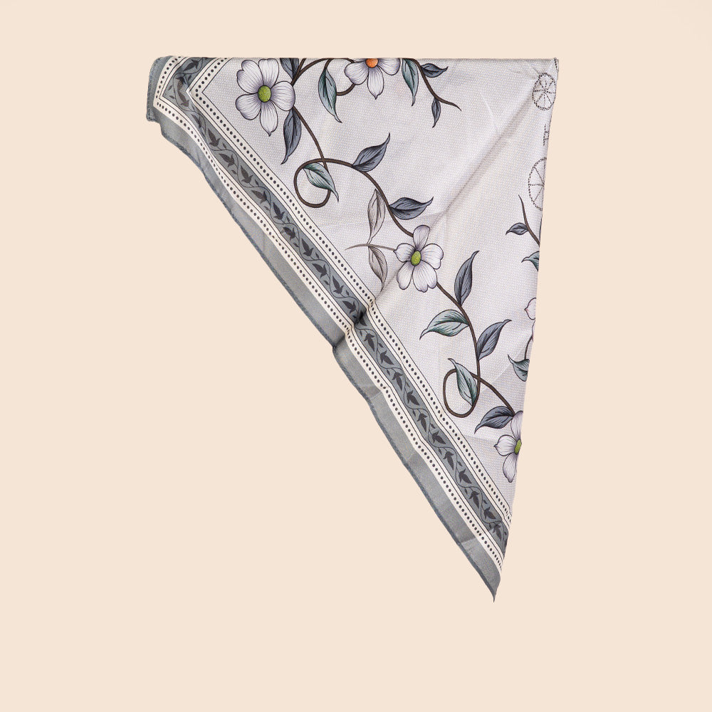 SCIARPA FOULARD DA COLLO IN SETA CON FIORI E CORNICE GRIGIA