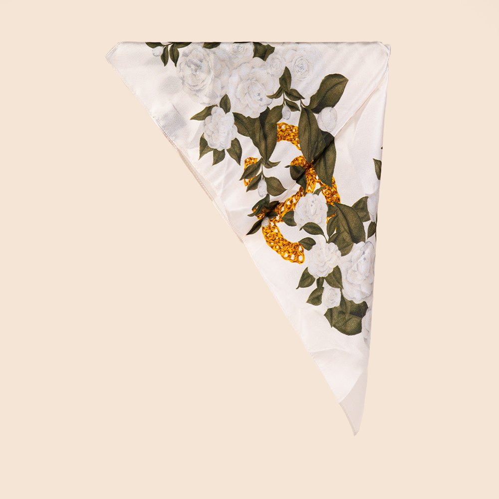 SCIARPA FOULARD DA COLLO IN SETA CON ROSE BIANCHE