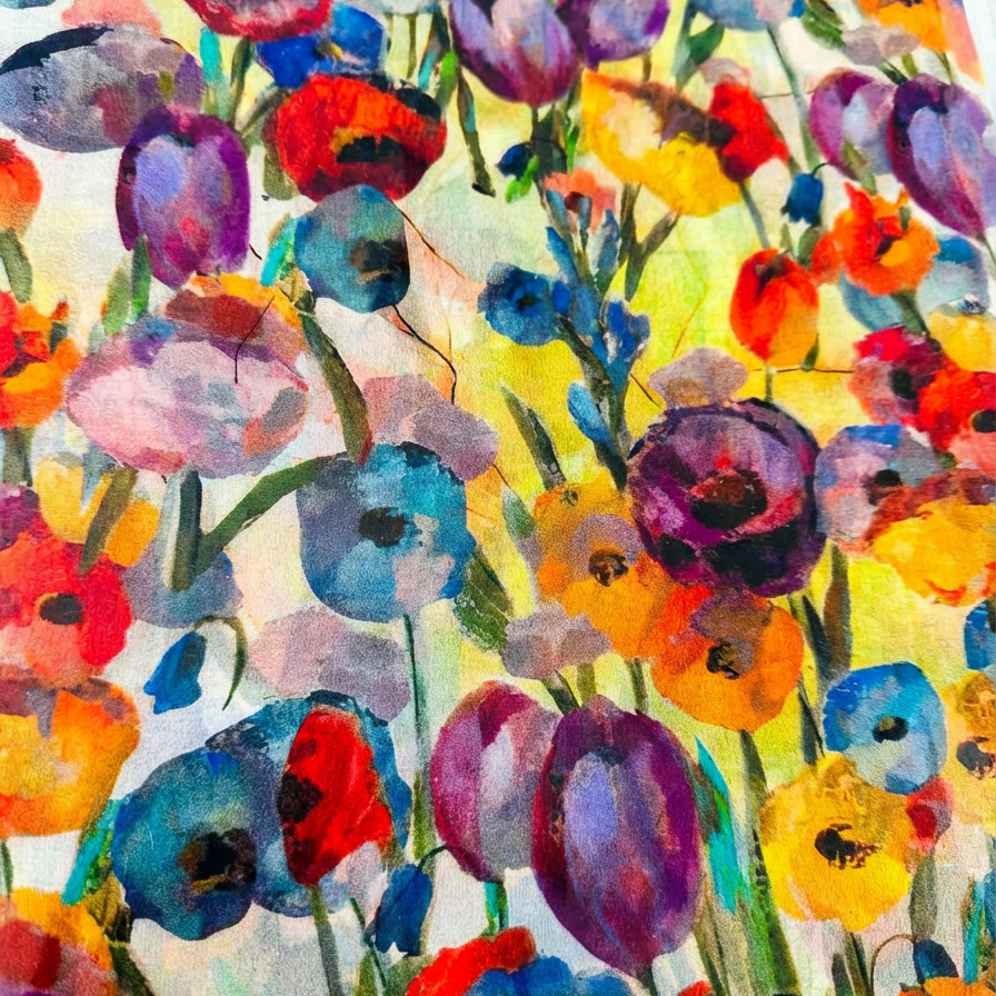 SCIARPA FOULARD IN SETA GRANDE CON PAPAVERI E TULIPANI COLORATI