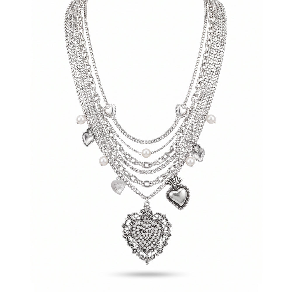 COLLANA LUNGA MULTIFILO CON CUORI SACRI E MONETA