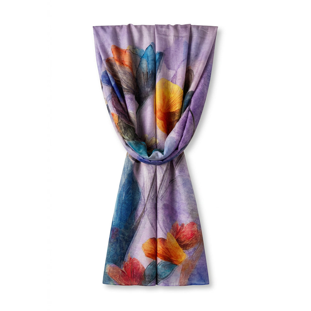 SCIARPA LEGGERA CON FIORI DIPINTI E FRANGE