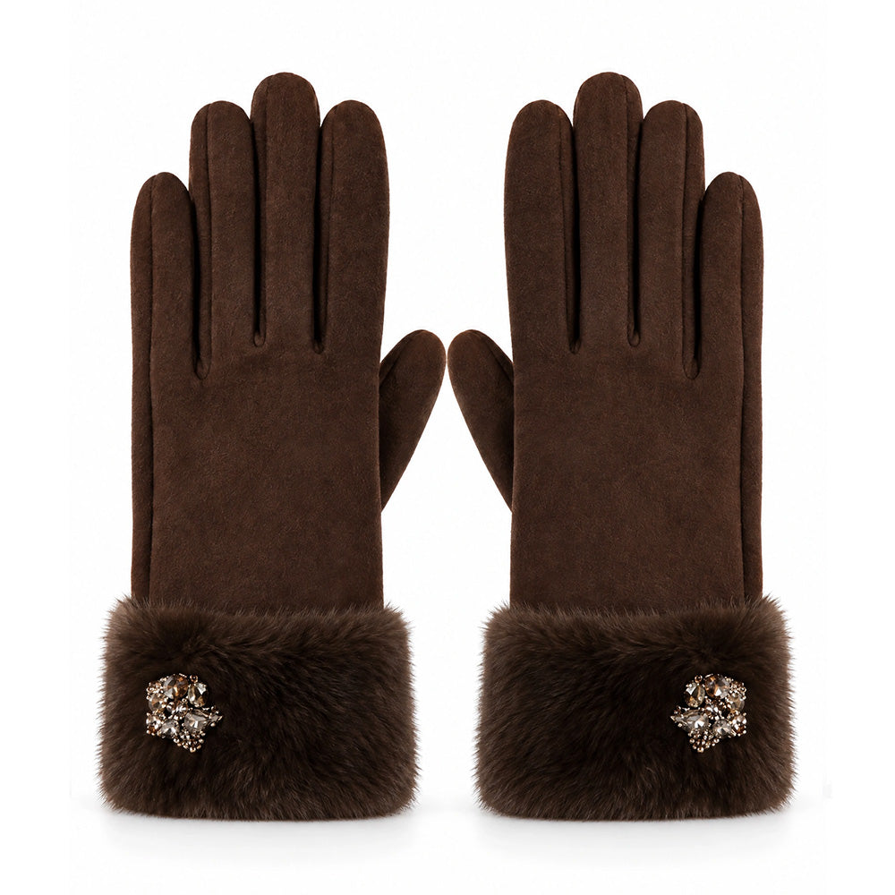 GUANTI IN TESSUTO CON ECO FUR E DECORAZIONE A FIORE