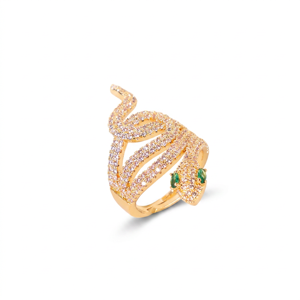 ANELLO REGOLABILE A SERPENTE GRANDE CON STRASS E OCCHI VERDI