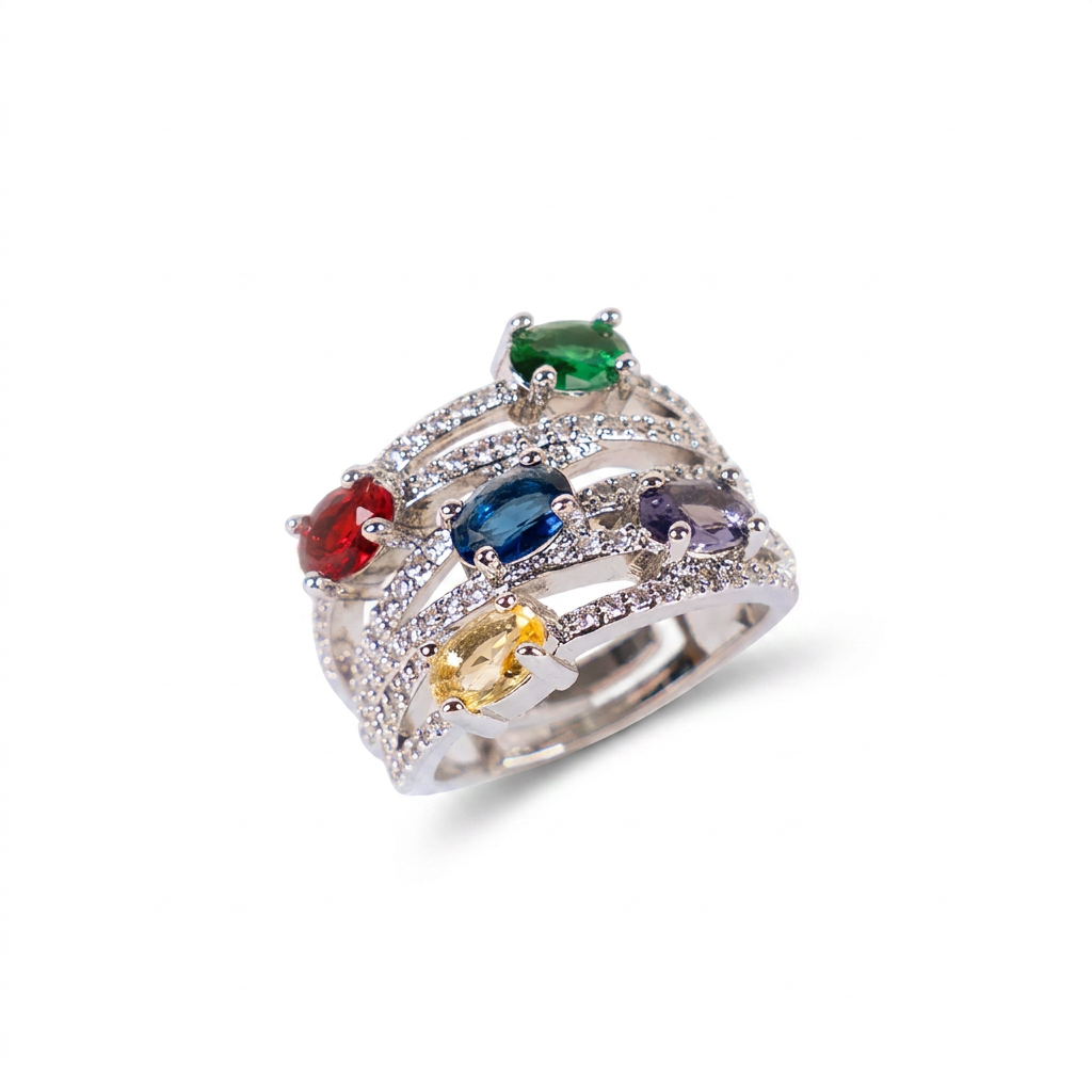 ANELLO A FASCIA CON FILE DI STRASS E PIETRE GRANDI COLORATE