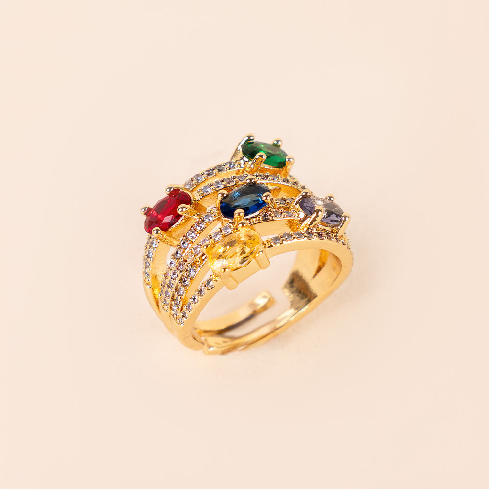 ANELLO A FASCIA CON FILE DI STRASS E PIETRE GRANDI COLORATE