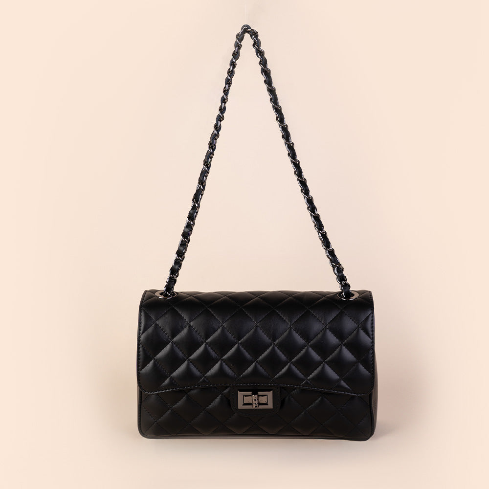 QUILTED SHOULDER BAG WITH SWIVEL CLOSURE AND CHAIN SHOULDER STRAP