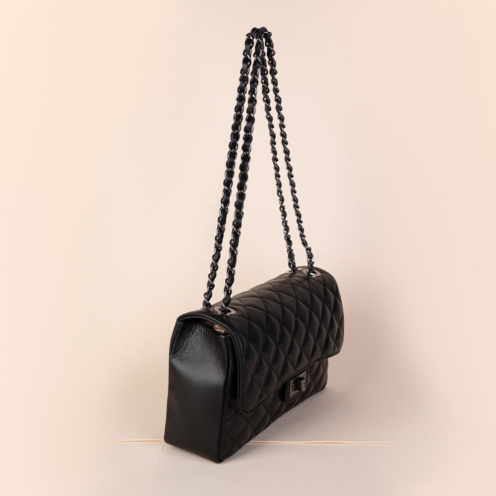 QUILTED SHOULDER BAG WITH SWIVEL CLOSURE AND CHAIN SHOULDER STRAP