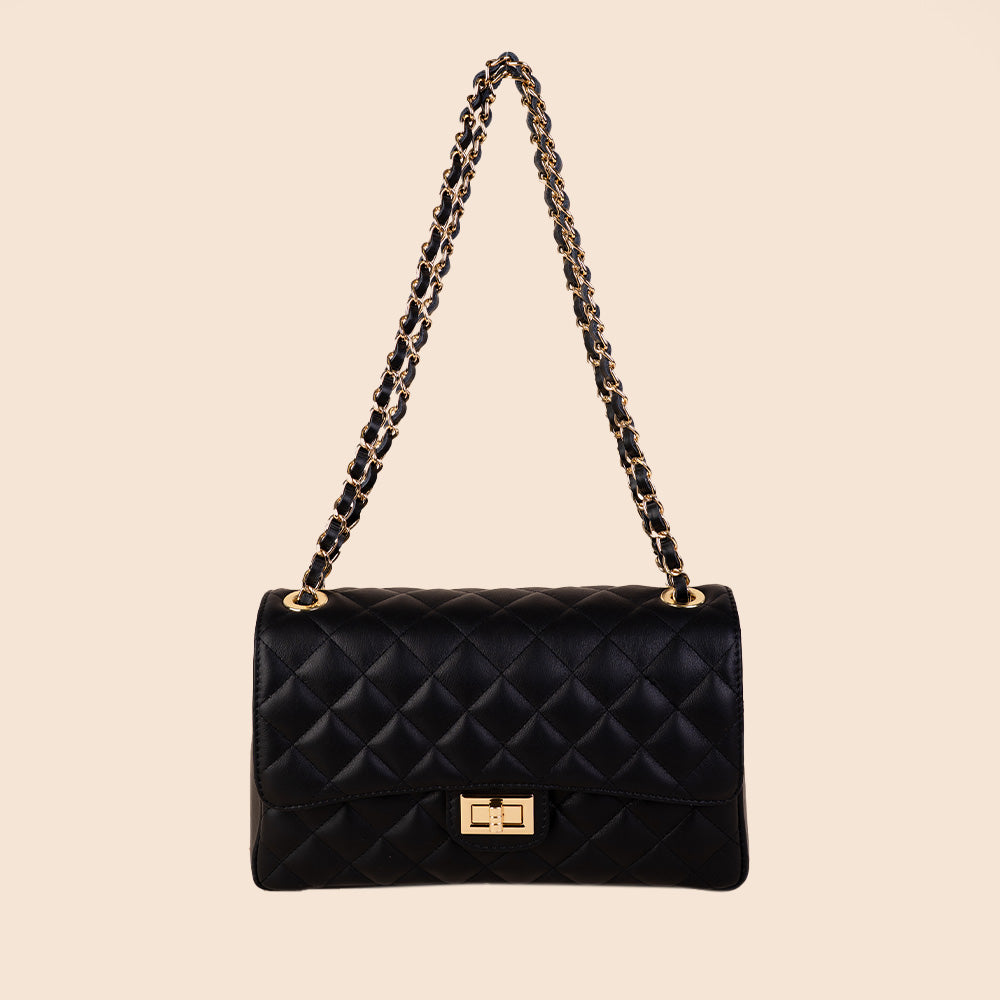 QUILTED SHOULDER BAG WITH SWIVEL CLOSURE AND CHAIN SHOULDER STRAP