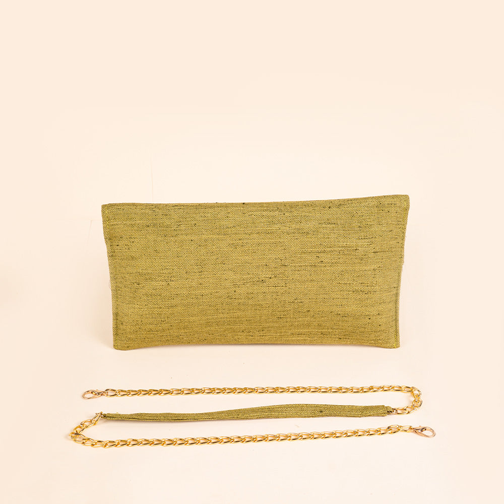 BORSA POCHETTE CLUTCH IN TESSUTO CON DETTAGLIO LAVORATO E PIETRA CENTRALE