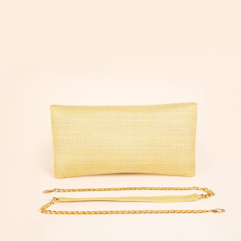 BORSA POCHETTE CLUTCH IN TESSUTO A MAGLIA LARGA CON PIETRA CENTRALE