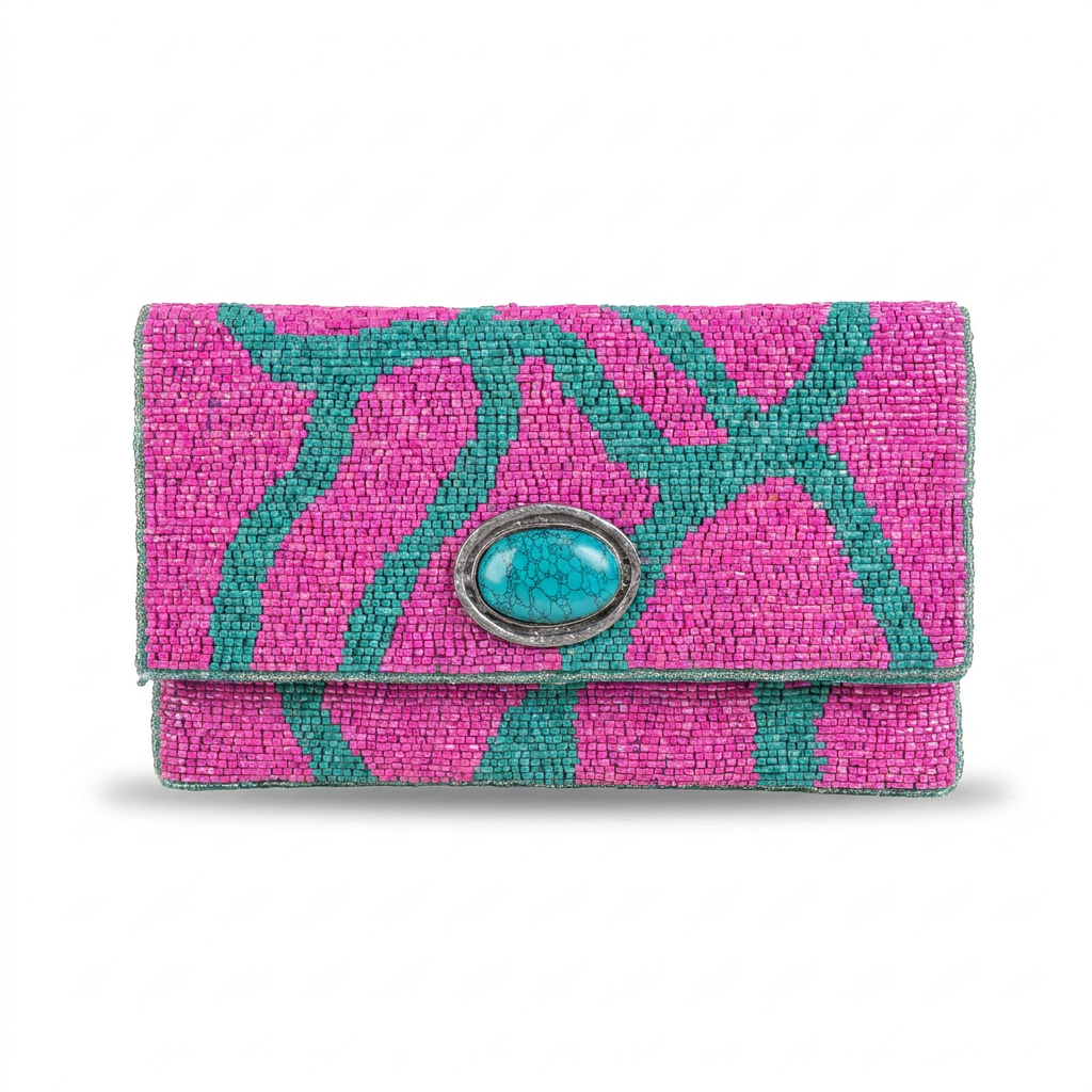 BORSA POCHETTE CLUTCH CON FRONTE DECORATO DA PERLINE E PIETRA CENTRALE