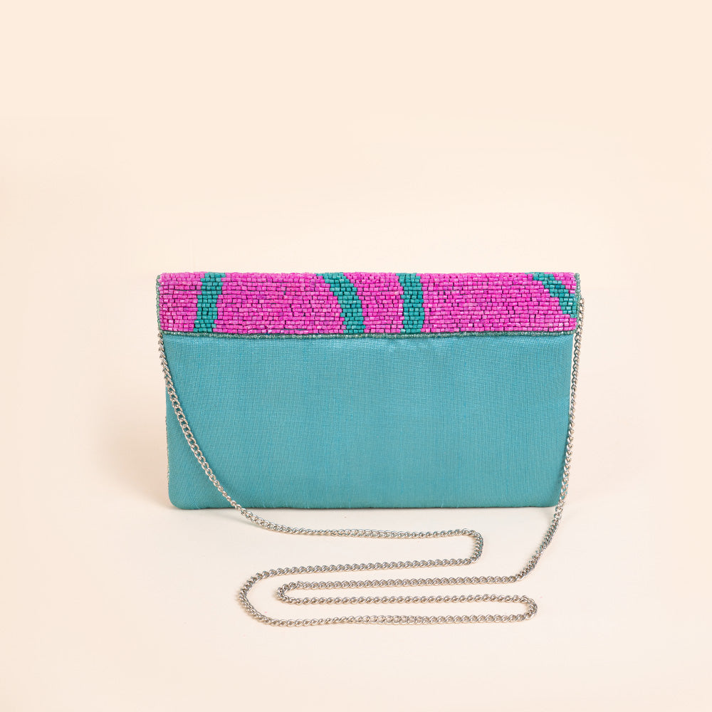 BORSA POCHETTE CLUTCH CON FRONTE DECORATO DA PERLINE E PIETRA CENTRALE