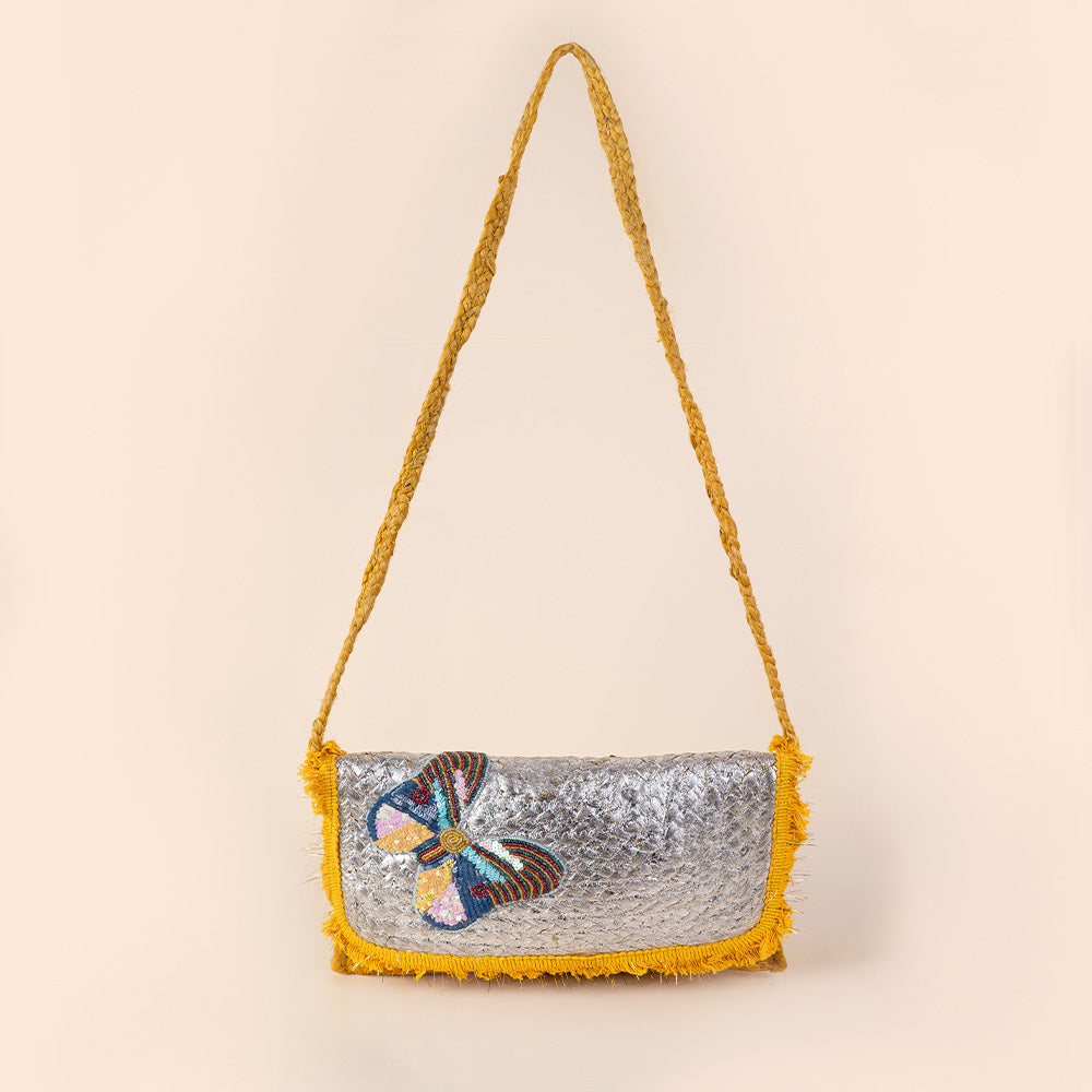 SHOULDER BAG WITH GOLD FRONT AND BEADED BUTTERFLY