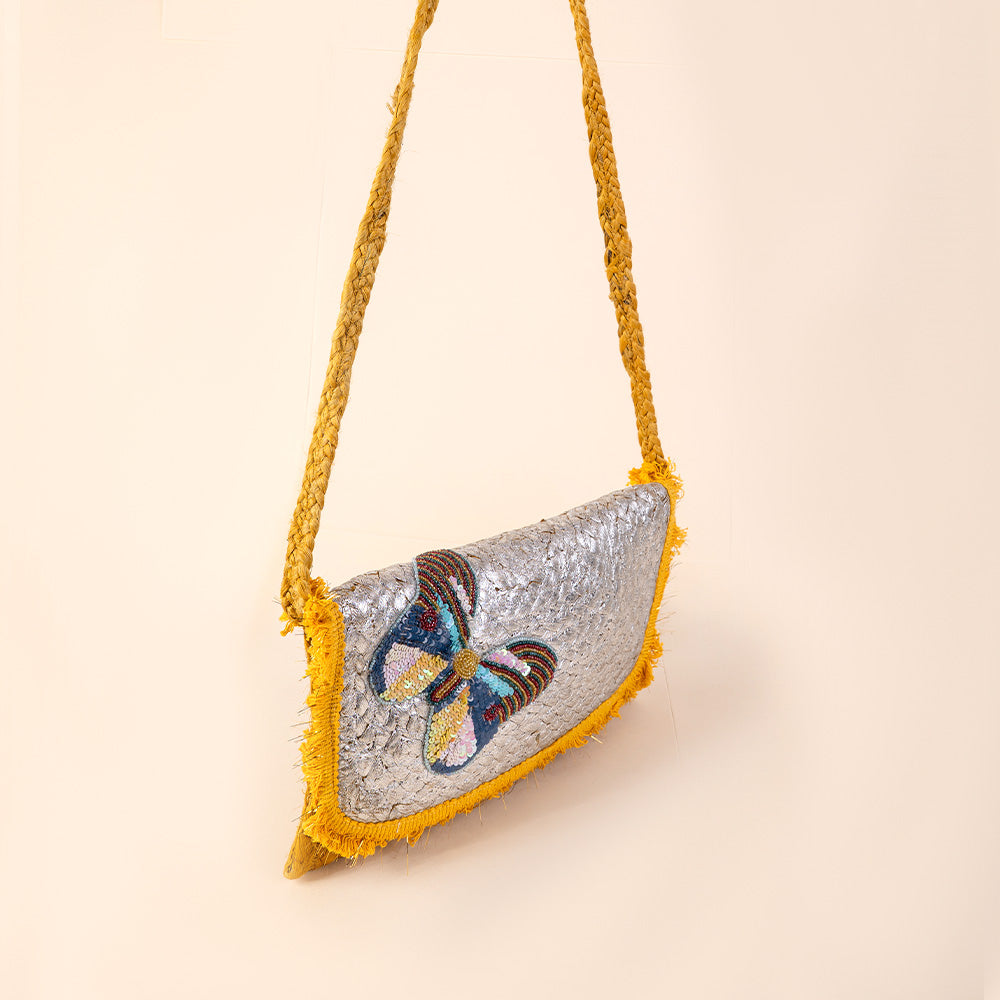 SHOULDER BAG WITH GOLD FRONT AND BEADED BUTTERFLY