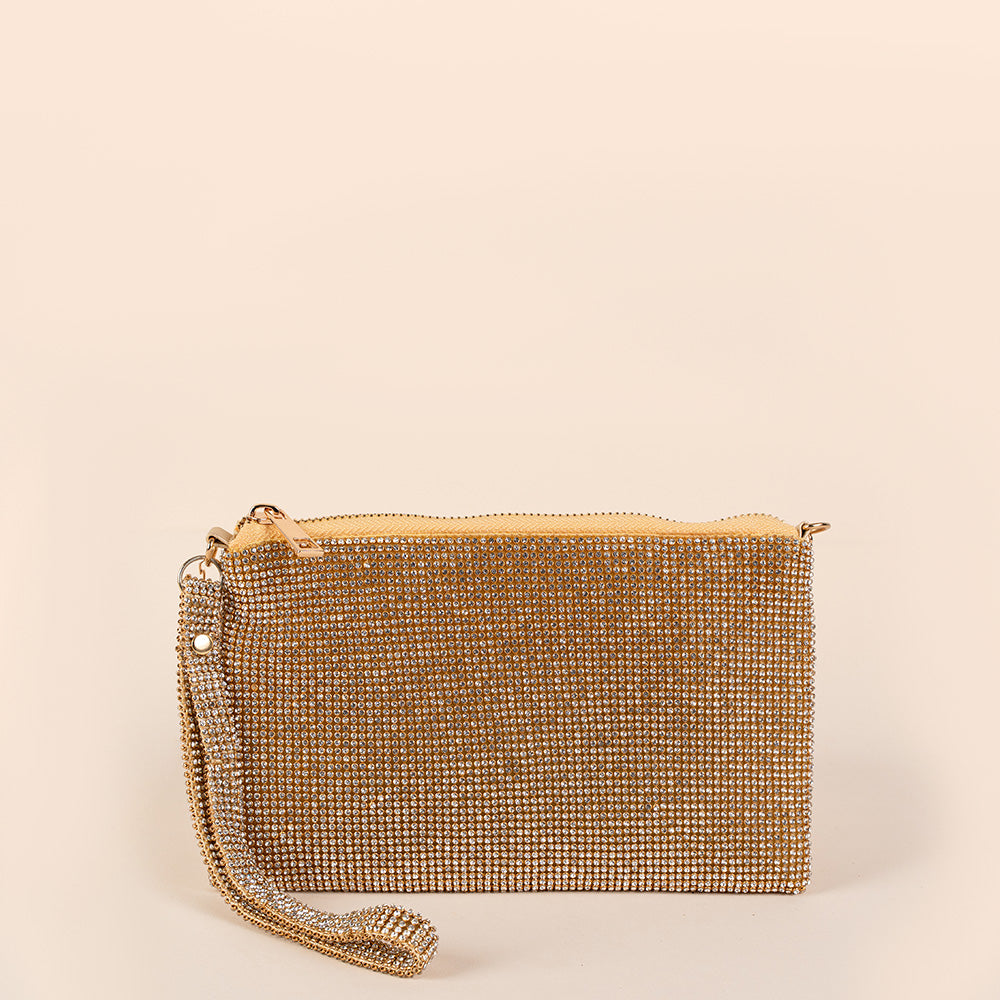 BORSA POCHETTE A BUSTINA CON STRASS, POLSINO E TRACOLLA A CATENA