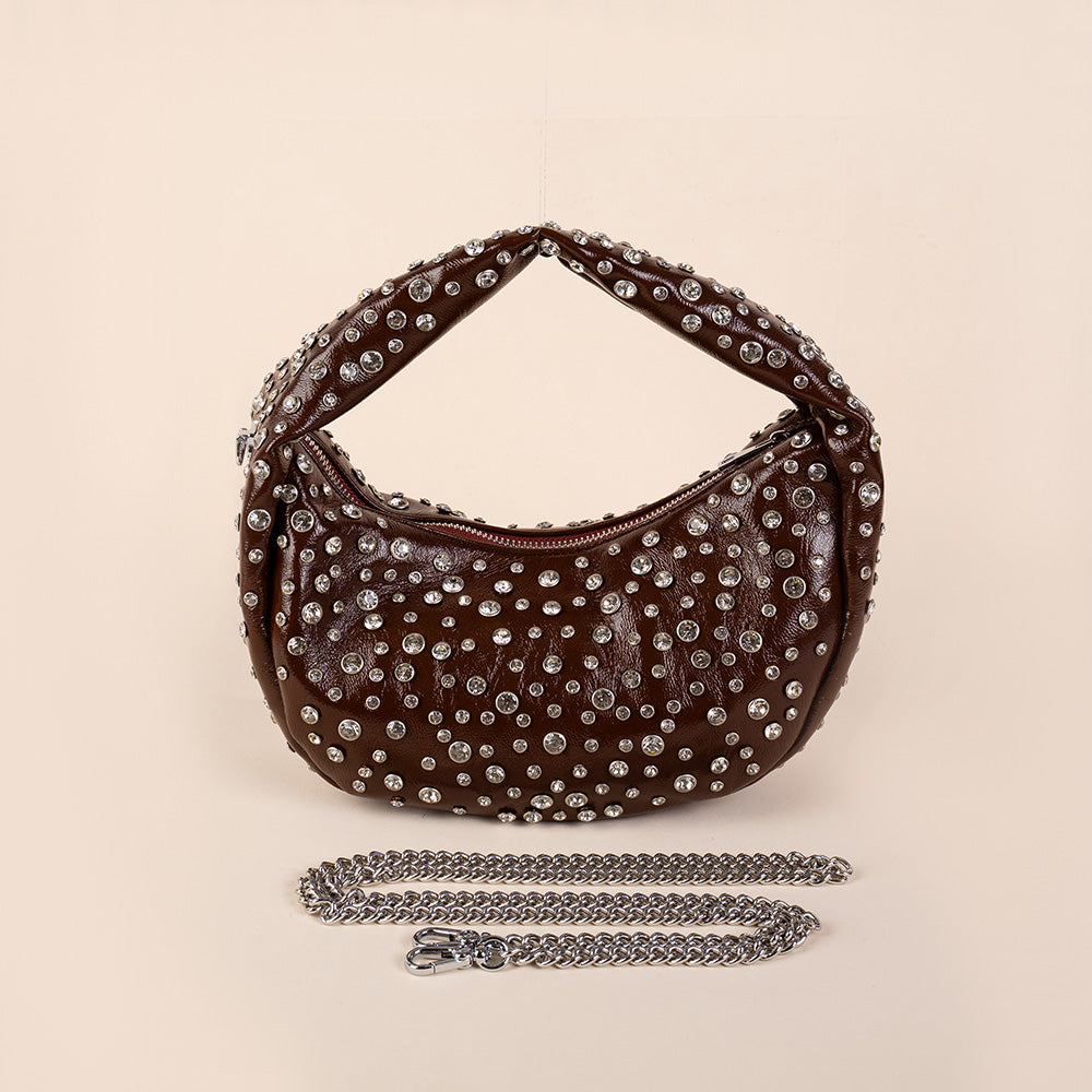 BORSA A MANO IN VERNICE CON STRASS E TRACOLLA A CATENA