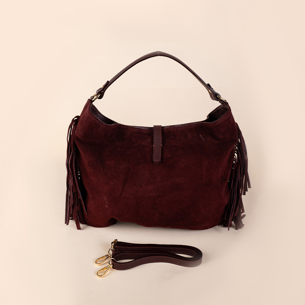 BORSA A SPALLA CON FRANGE , MOSCHETTONE E TRACOLLA