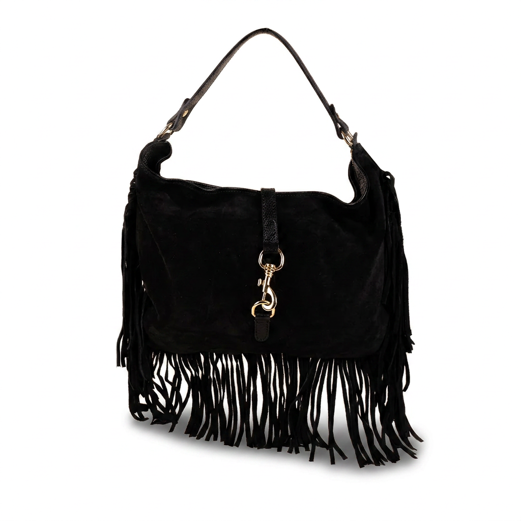 BORSA A SPALLA CON FRANGE , MOSCHETTONE E TRACOLLA