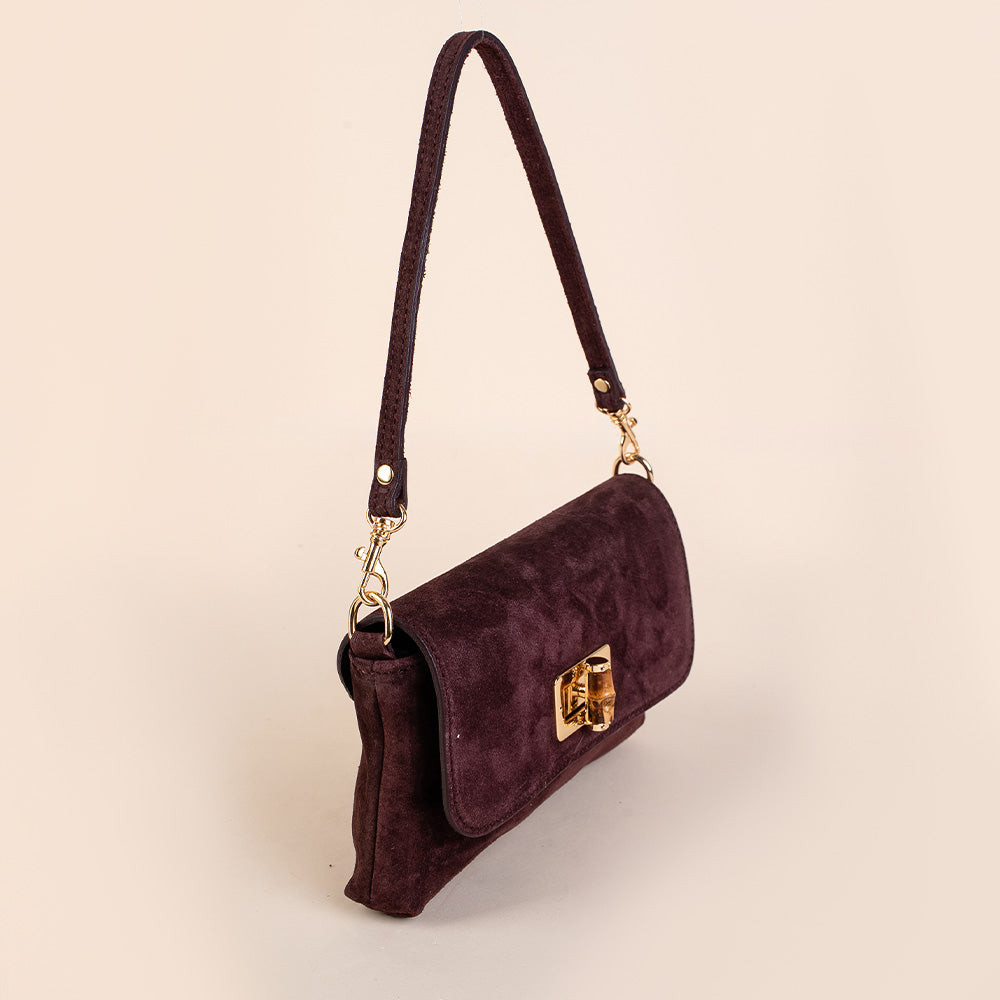 BORSA A MANO CON CHIUSURA IN BAMBOO A GIRELLO E TRACOLLA SCAMOSCIATA