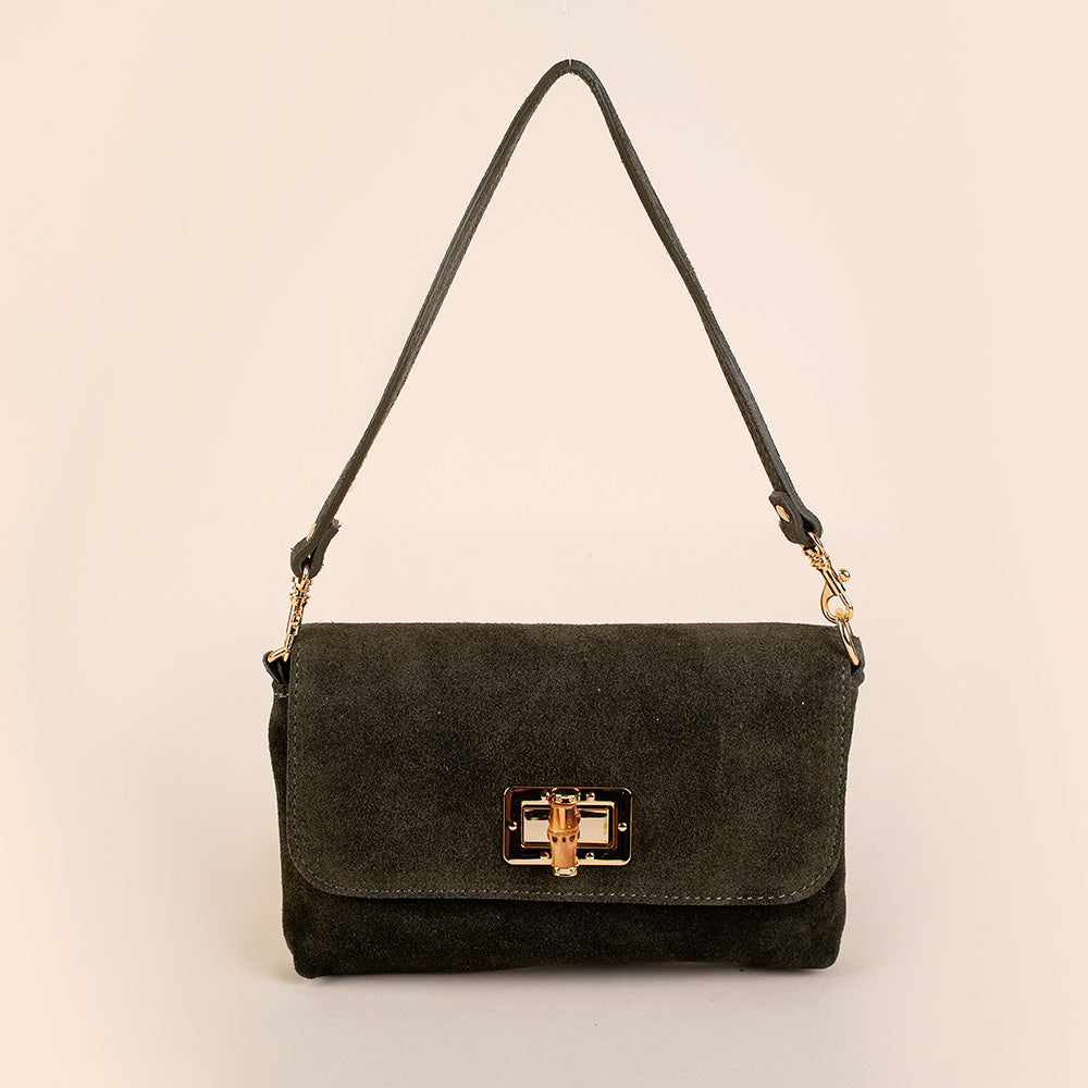 BORSA A MANO CON CHIUSURA IN BAMBOO A GIRELLO E TRACOLLA SCAMOSCIATA