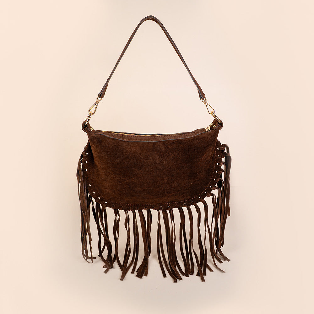 BORSA A SPALLA E TRACOLLA CON FRANGE SCAMOSCIATA