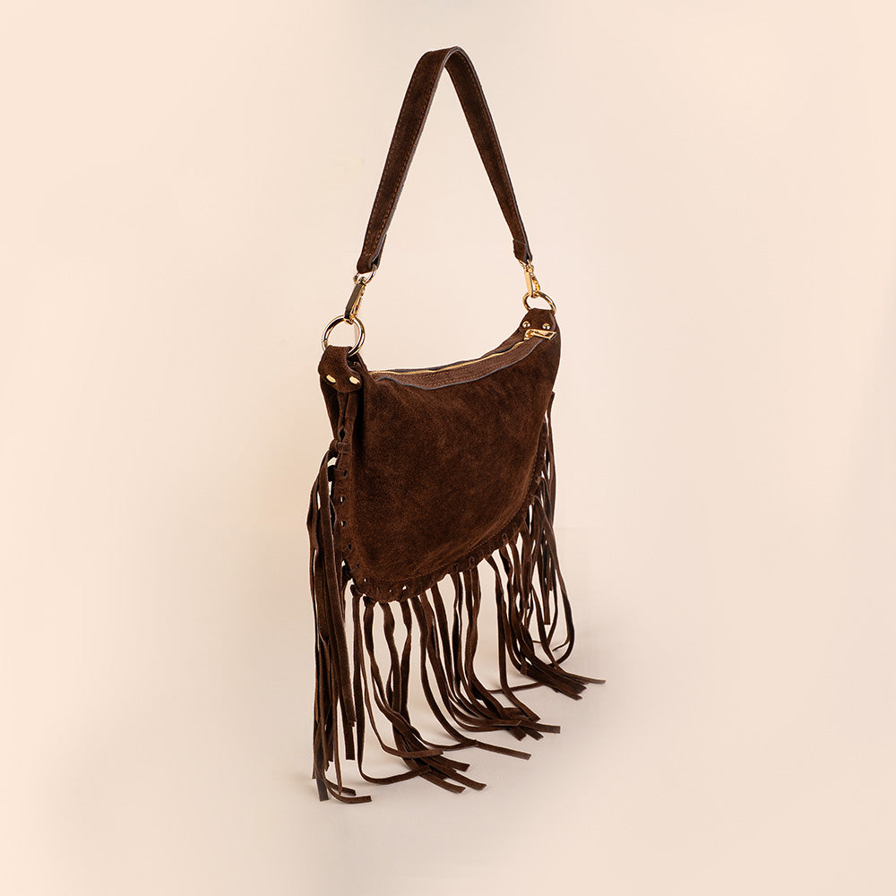 BORSA A SPALLA E TRACOLLA CON FRANGE SCAMOSCIATA