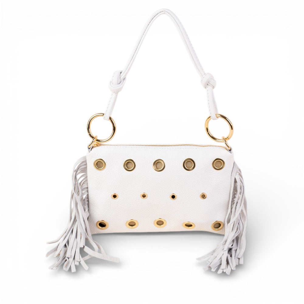BORSA POCHETTE CON BORCHIE FRANGE LATERALI E TRACOLLA