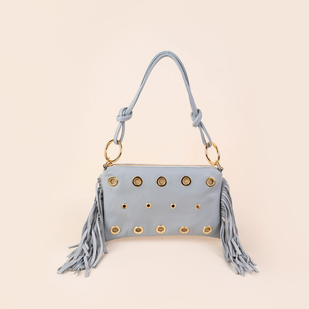 BORSA POCHETTE CON BORCHIE FRANGE LATERALI E TRACOLLA