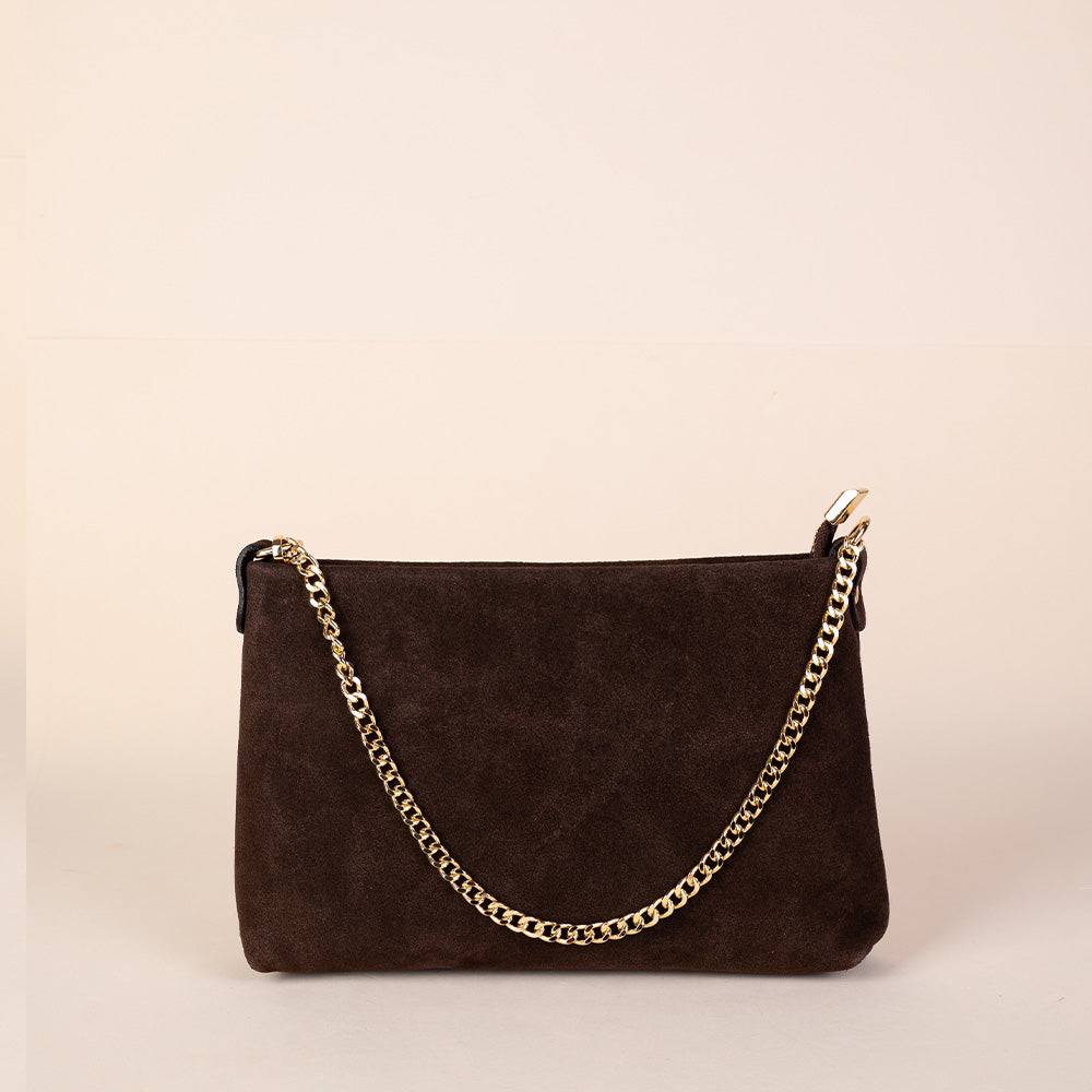 BORSA POCHETTE ON PELLE SCAMOSCIATA CON TRACOLLA E CATENA