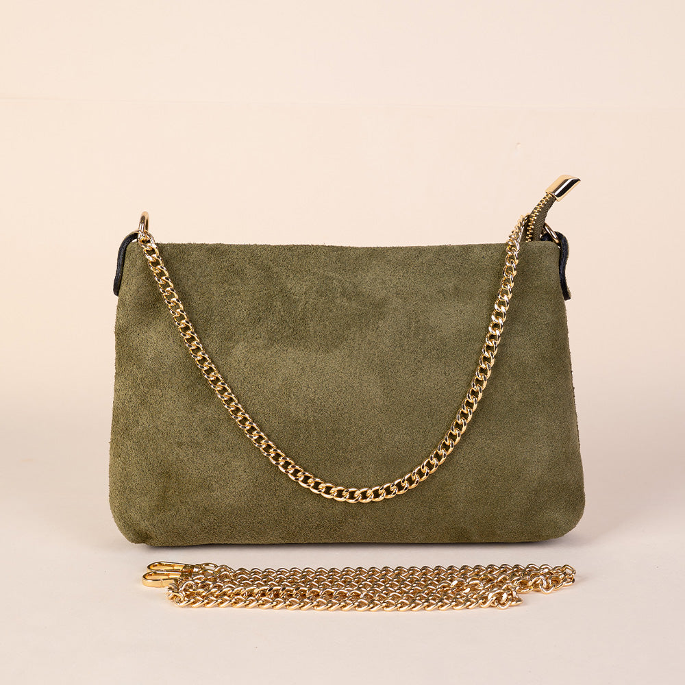 BORSA POCHETTE ON PELLE SCAMOSCIATA CON TRACOLLA E CATENA
