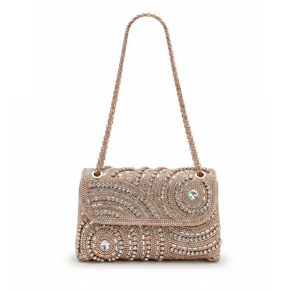 BORSA POCHETTE CON STRASS A DISEGNI CIRCOLARI E TRACOLLA