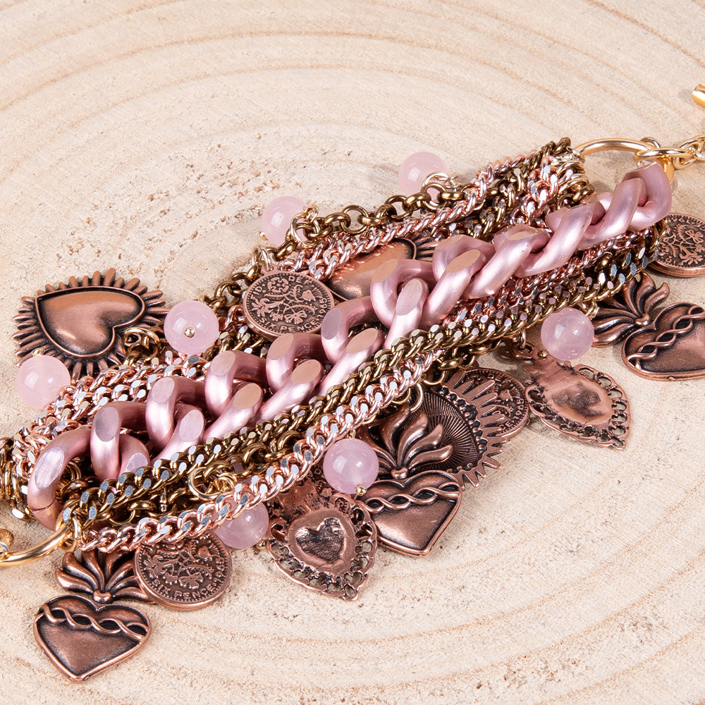 BRACCIALE CON CATENE E PENDENTI SACRO CUORE E MONETE