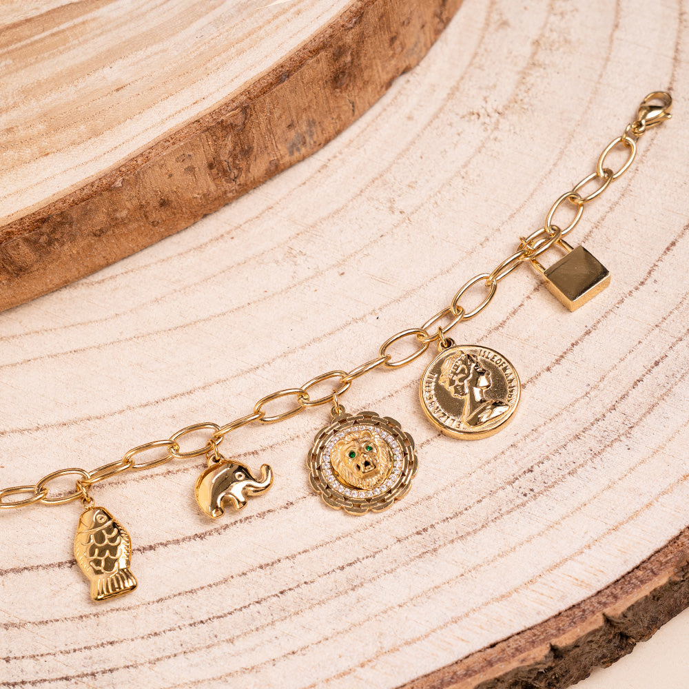 BRACCIALE A CATENA CON CIONDOLI A ELEFANTE,PESCE,LUCCHETTO