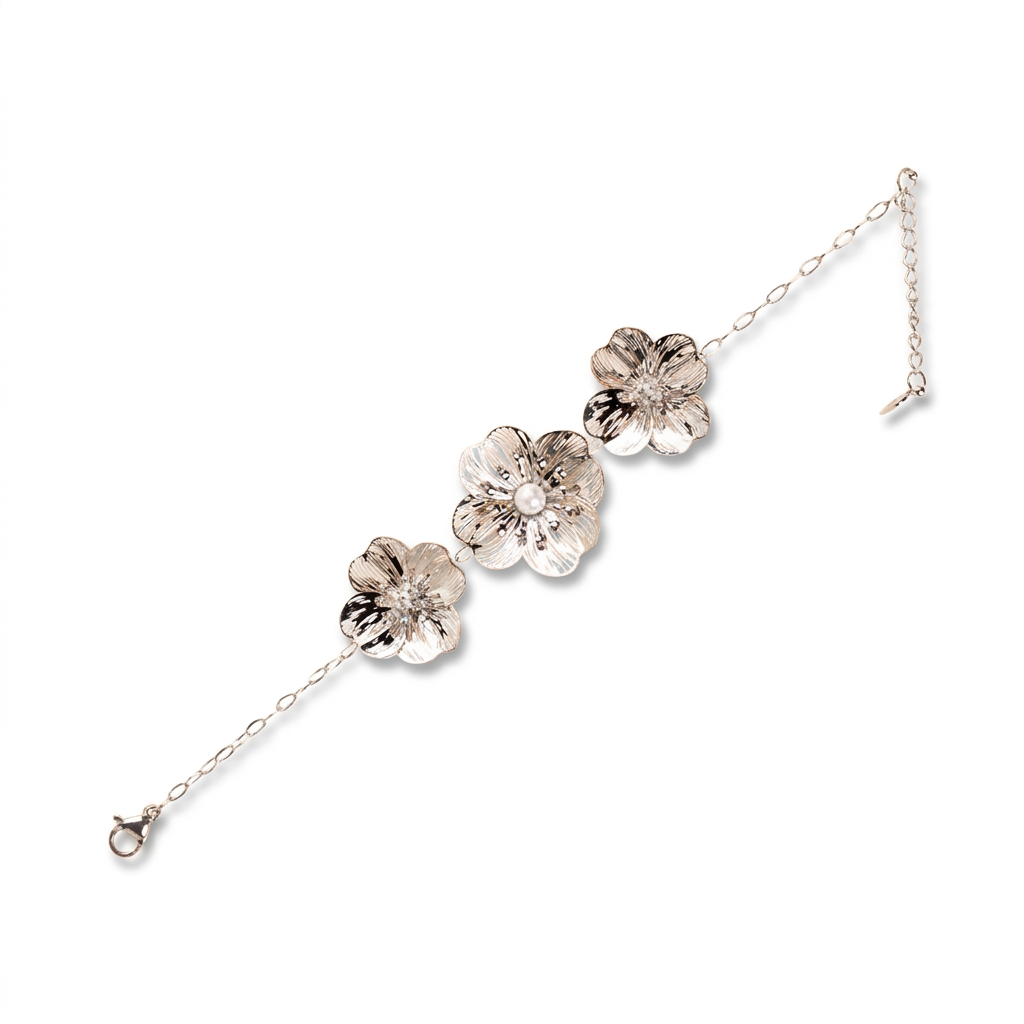BRACCIALE MORBIDO A CATENELLA CON TRE FIORI E PERLA