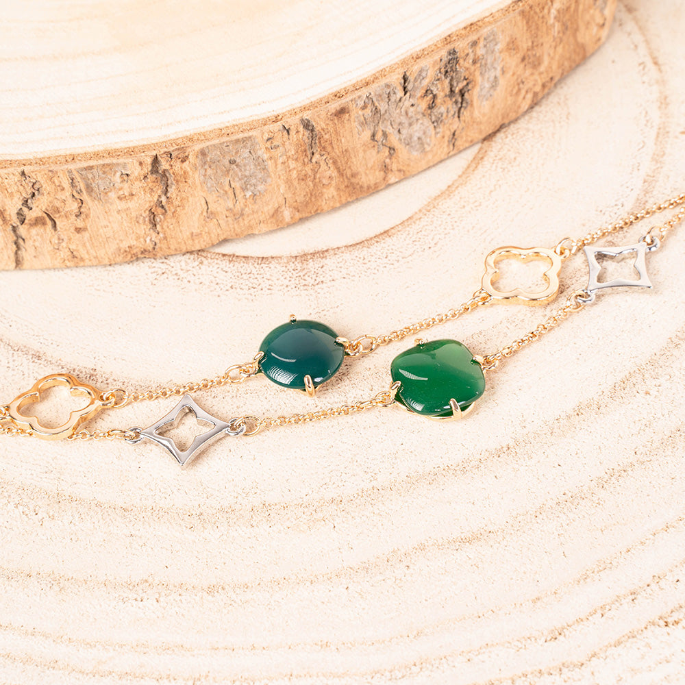 BRACCIALE A DUE FILI CON PIETRE E QUADRIFOGLI