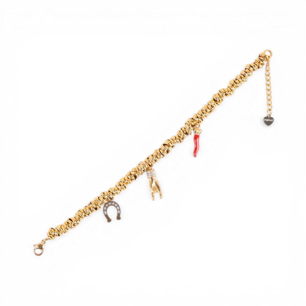 BRACCIALE CON ANELLI INTRECCIATI E PENDENTI PORTA FORTUNA
