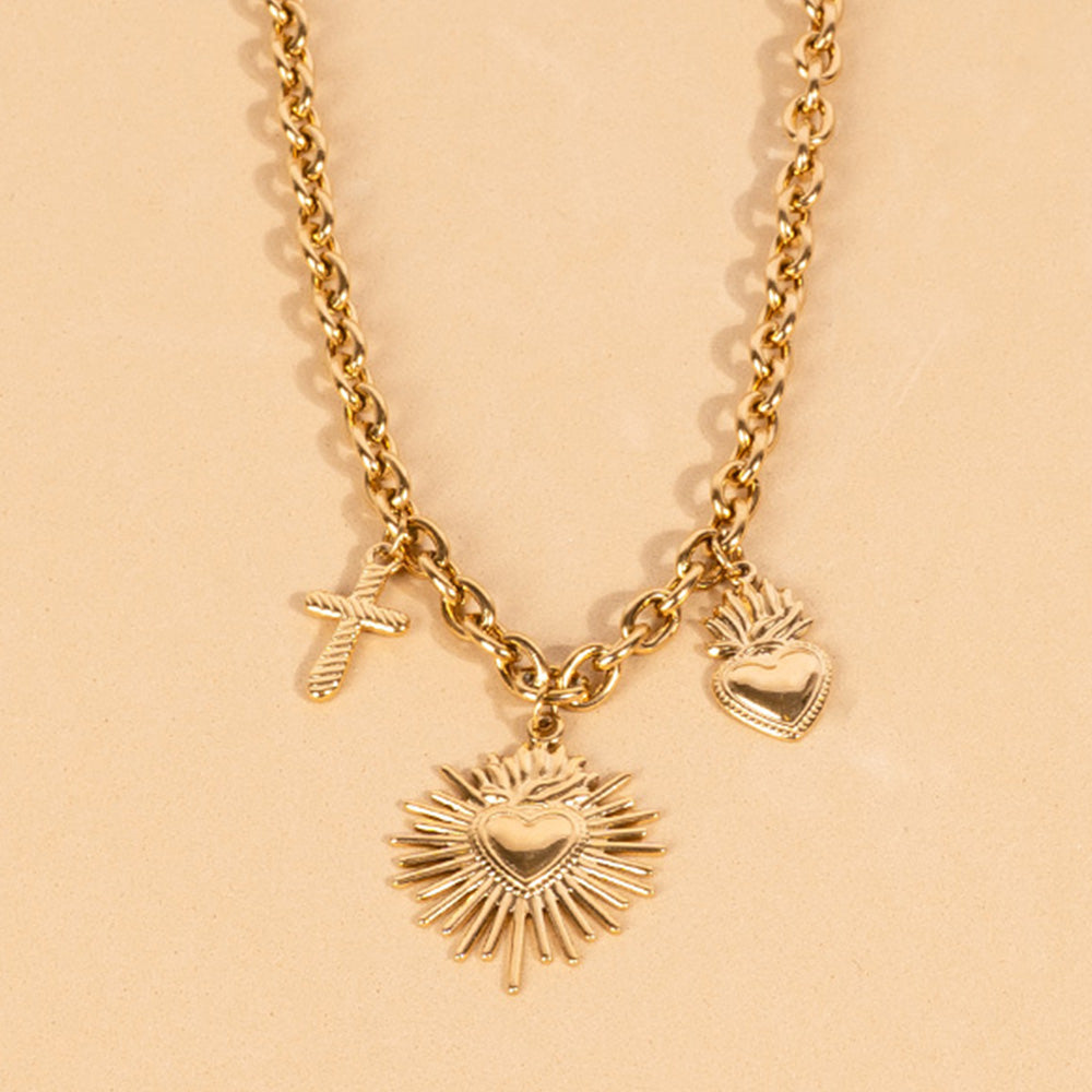 DOUBLE SACRED HEART AND CROSS CHOKER NECKLACE