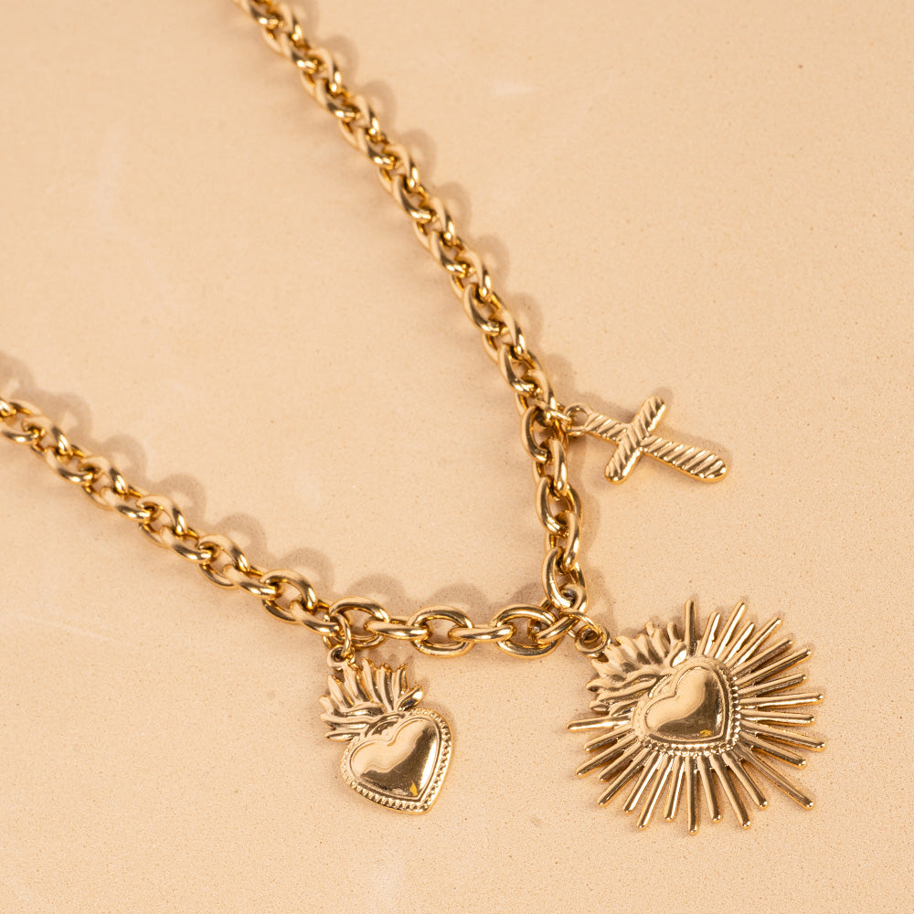 DOUBLE SACRED HEART AND CROSS CHOKER NECKLACE