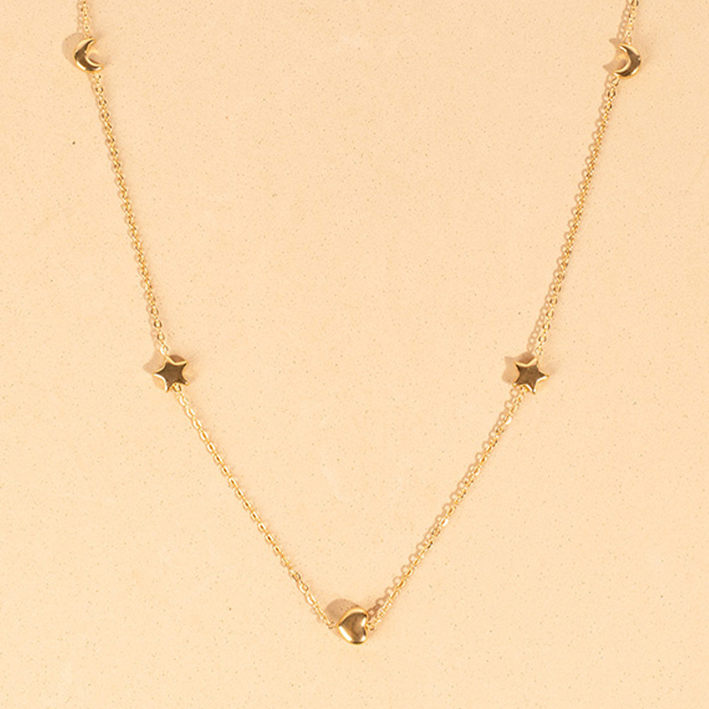 COLLANA LUNGA FINA CON LUNA CUORE STELLA E TRIFOGLIO