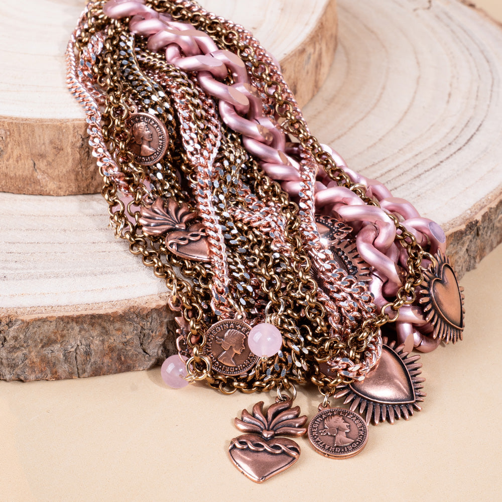 COLLANA CON CATENE E PENDENTI SACRO CUORE E MONETE