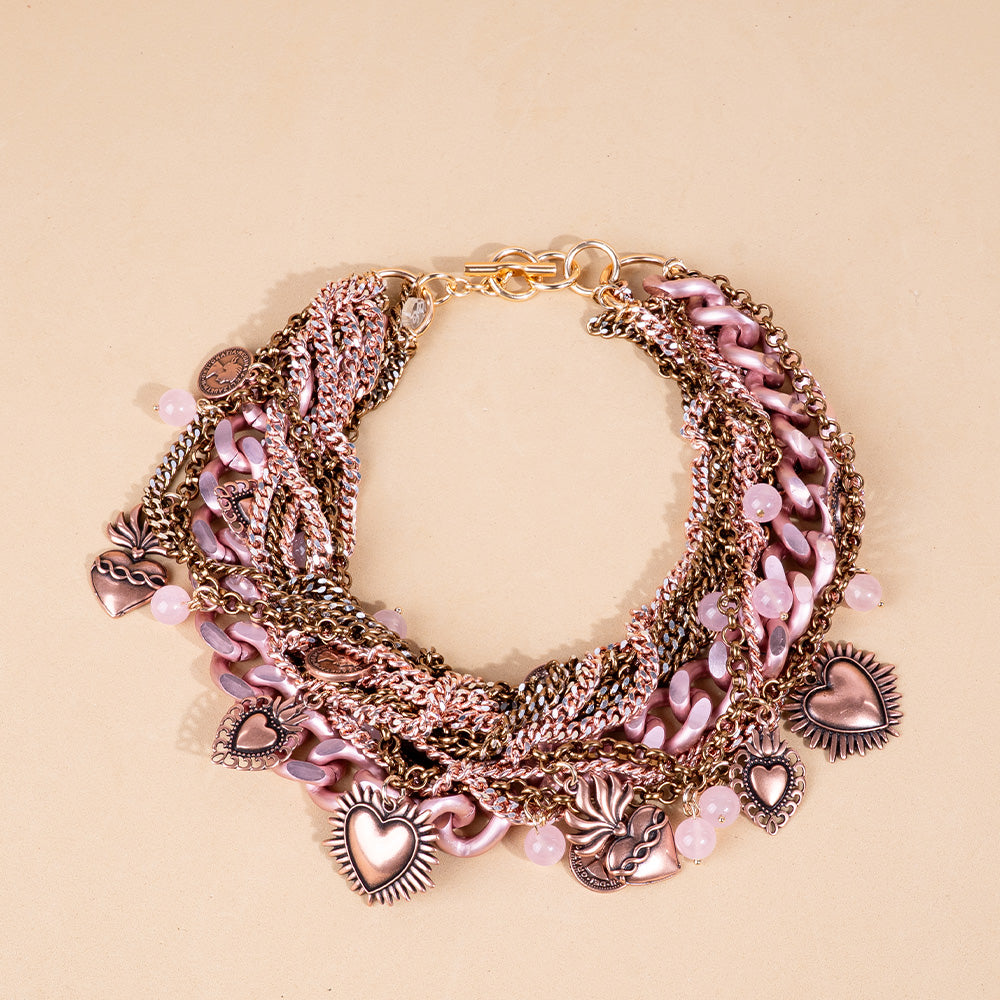 COLLANA CON CATENE E PENDENTI SACRO CUORE E MONETE