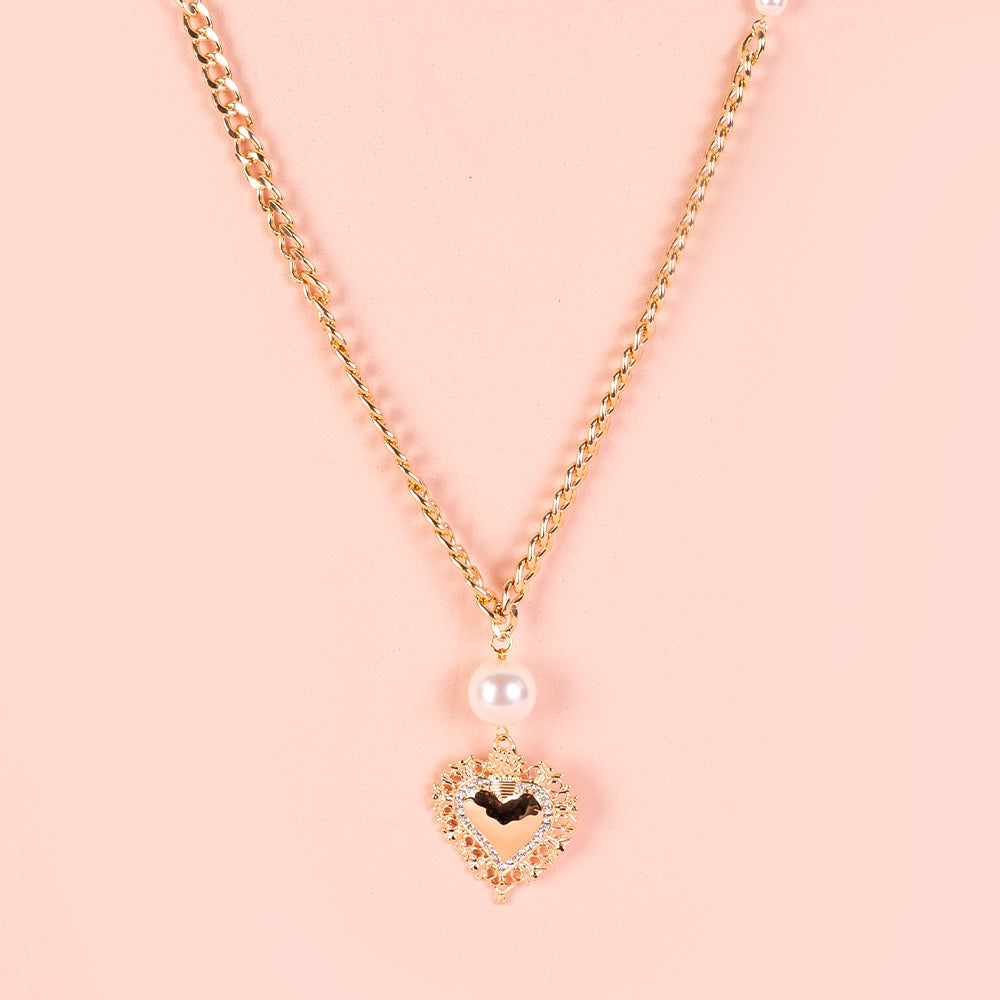 LONG NECKLACE WITH SACRED HEART AND PEARLS
