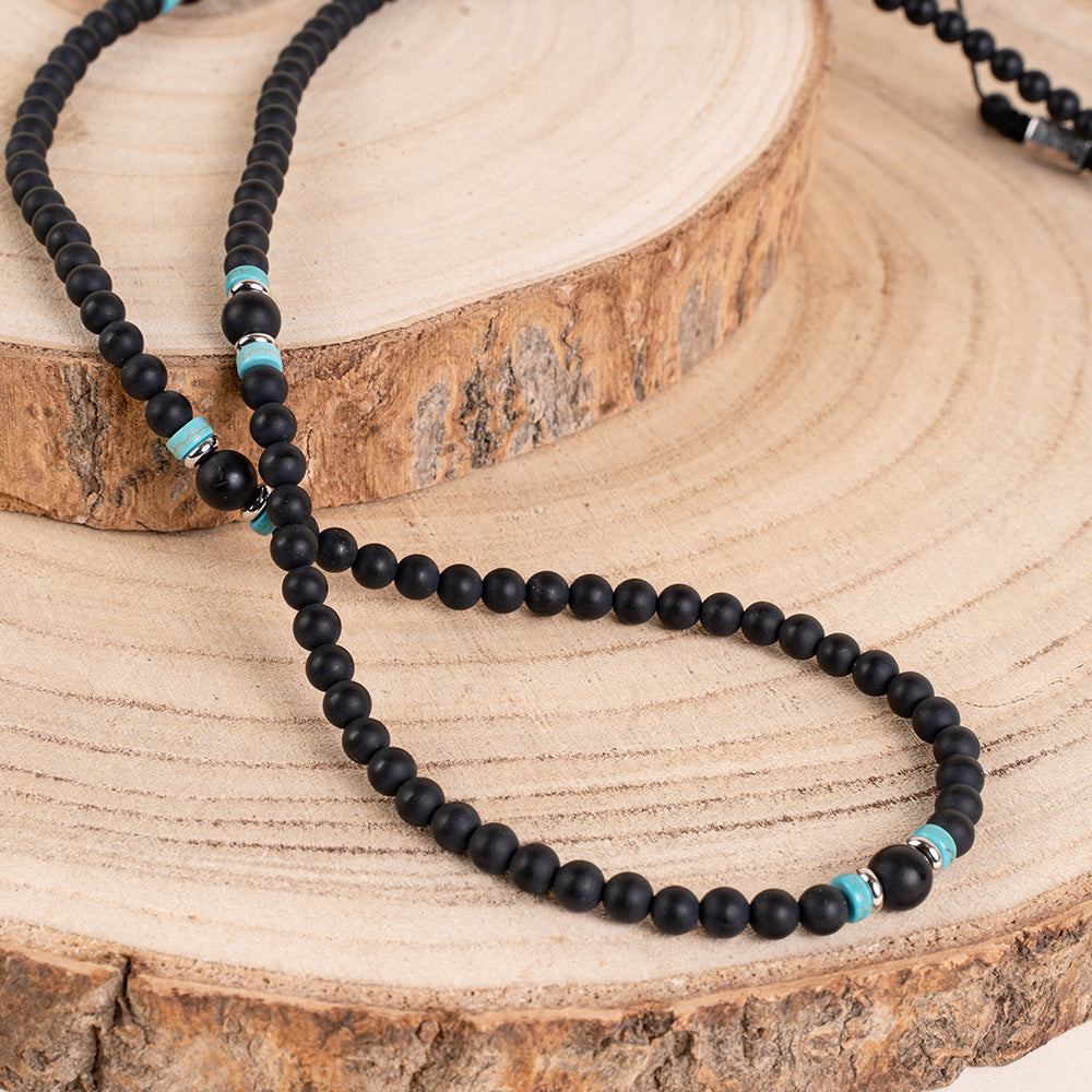 COLLANA LUNGA CON PIETRE E PALLINE IN LEGNO