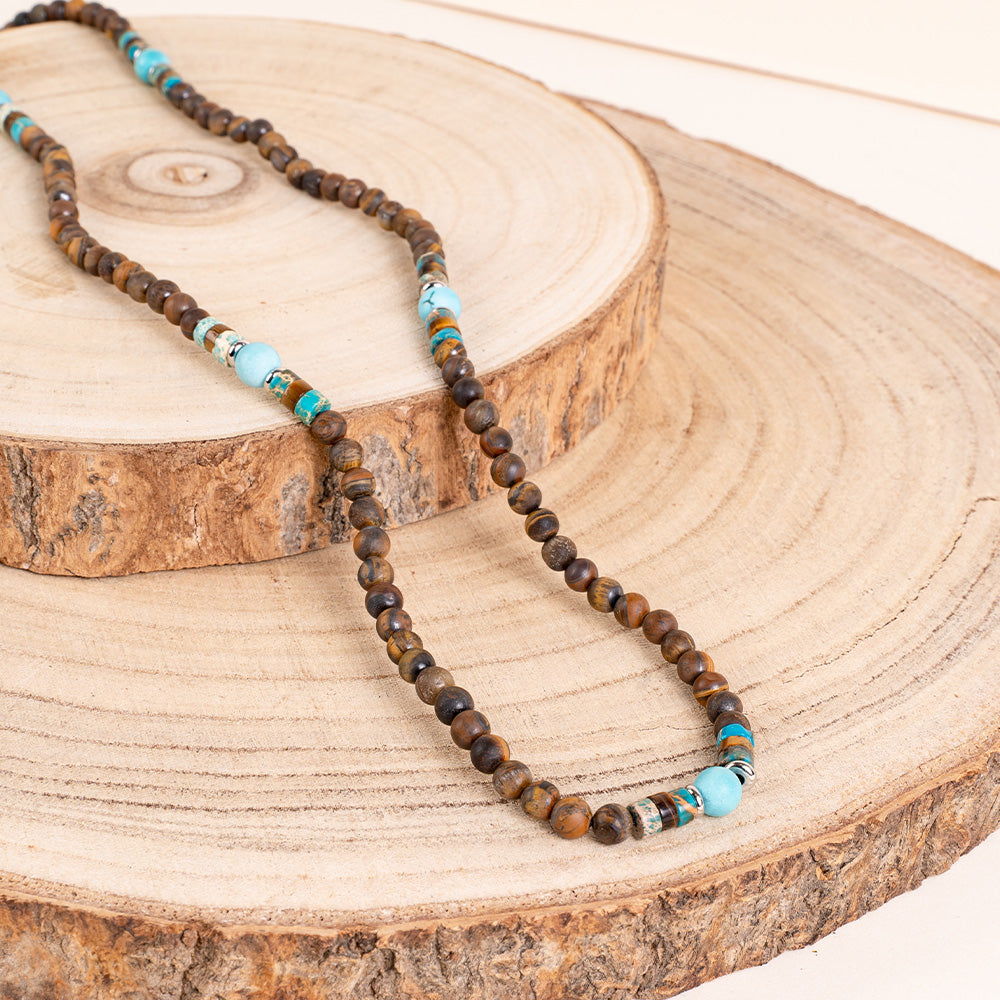 COLLANA LUNGA CON PIETRE E PALLINE IN LEGNO